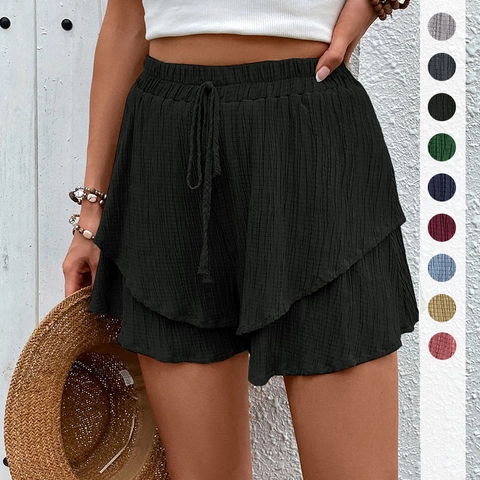 Damen Hohe Taille Gestufte Rüschen Shorts Strukturierter Elastischer Kordelzug Lässige Resort Sommer Strand Lose Skorts