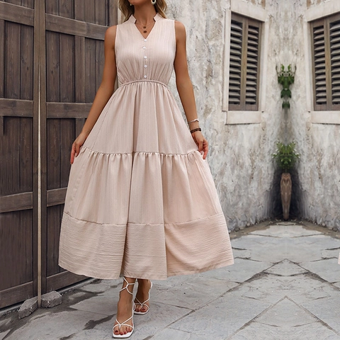 Vestido Maxi de Mujer Elegante Sin Mangas con Cuello en V Color Sólido Cintura Alta Botón Texturizado Verano Vacaciones Playa