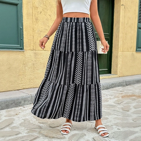 Damen Boho Geometrischer Druck Maxi Rock Gestuft Hohe Taille Sommerurlaub Ethnisch A-Linie Langer Rock Für Damen