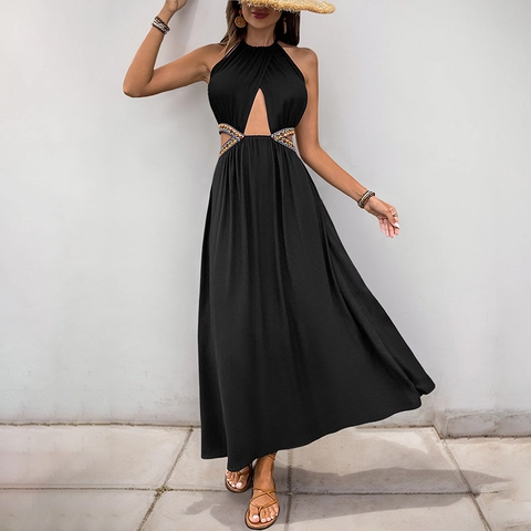 Damen Sexy Neckholder Maxi Kleid Boho Ethnisch Bestickt Taille Hohl Ärmellos Sommer Urlaub A-Linie Langes Kleid