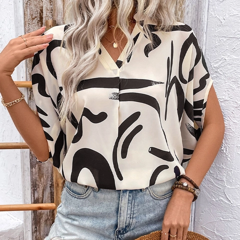 Women Casual V Neck Batwing Sleeve Shirt Geometric Abstract Line Print Loose Satin Summer Blouse Elegant Office Commute Top