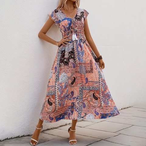 Vestito Maxi da Donna Bohemian con Stampa Paisley Scollo a V con Nappe Vita Alta Punto Smock Senza Maniche Estivo Lungo