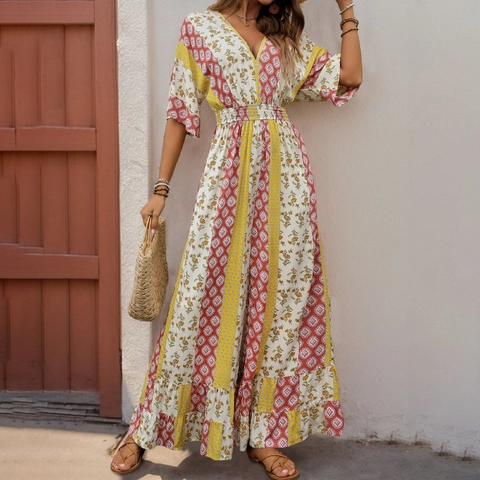 Böhmisch Blumenmuster V-Ausschnitt Rückenfrei Jumpsuit Für Damen Viskose Hohe Taille Weites Bein Sommerurlaub Strand Romper