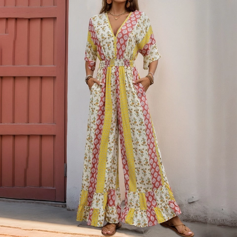 Böhmisch Blumenmuster V-Ausschnitt Rückenfrei Jumpsuit Für Damen Viskose Hohe Taille Weites Bein Sommerurlaub Strand Romper