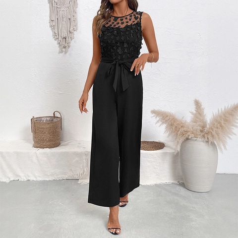 Combinaison Sans Manches Femme Élégante Patchwork Mesh Fleurs 3D Taille Haute Jambe Large Avec Ceinture Noeud Papillon Fête