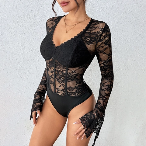 Women Sexy Lace V-Neck Long Sleeve Bodysuit Mesh Floral Fishbone Corset Top Slim Fit Elegant Solid Color Black Bodysuit