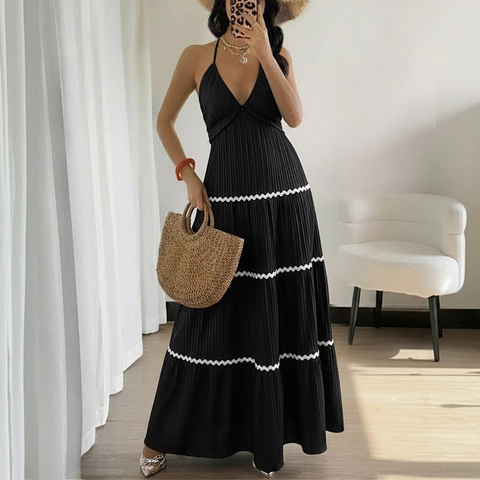 Abito Maxi Donna Elegante Scollo a V Senza Schienale Plissettato Strutturato Bordo in Pizzo a Onde Abito Lungo Estivo Vacanza