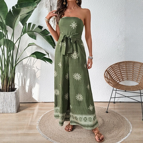 Women Bohemian Strapless Wide Leg Jumpsuit Olive Green Mandala Print High Waist Belted Summer Beach Vacation Romper Jumpsuit