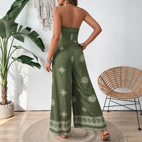 Women Bohemian Tube Top Wide Leg Jumpsuit Ethnic Mandala Print Strapless High Waist Belted Beach Vacation Casual Romper
