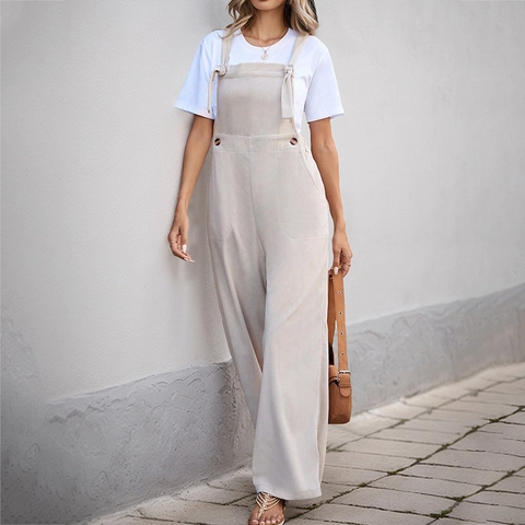 Damen Casual Cord Jumpsuit Ärmellos Weites Bein Overalls Aprikose Minimalistisch Streetwear Mode Romper Trägerhose