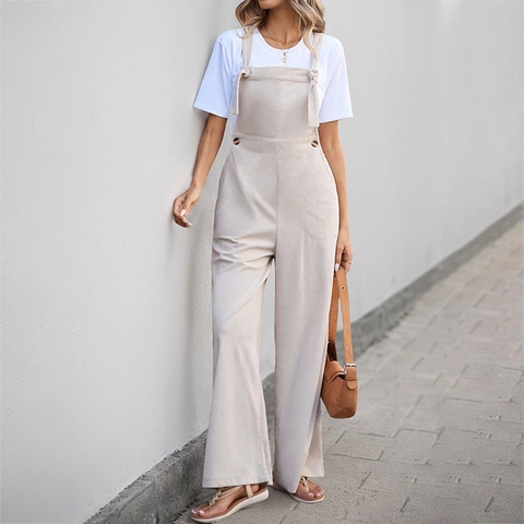Damen Casual Cord Jumpsuit Ärmellos Weites Bein Overalls Aprikose Minimalistisch Streetwear Mode Romper Trägerhose