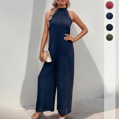 Women Halter Neck Backless Wide Leg Jumpsuit Elegant Sleeveless High Waist Solid Color Summer Casual One Piece Outfit Jumpsuit