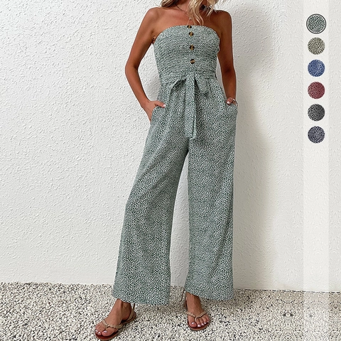 Dames Strapless Bloemen Wijde Pijpen Jumpsuit Zomer Mouwloos Blote Schouders Strikceintuur Strandvakantie Lange Jumpsuit Met Knoppen