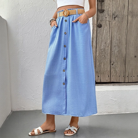 Women High Waist Midi Skirt With Straw Belt Solid Color Button Front A-Line Skirt With Pockets Summer Vacation Elegant Skirts