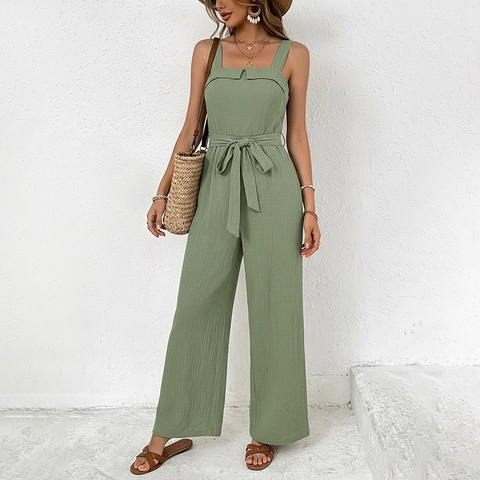 Damen Ärmellos Einteiler Eckiger Ausschnitt Salbeigrün Knitter Rayon-Mischung Weites Bein Bindeband Sommer Urlaub Lässig Jumpsuit