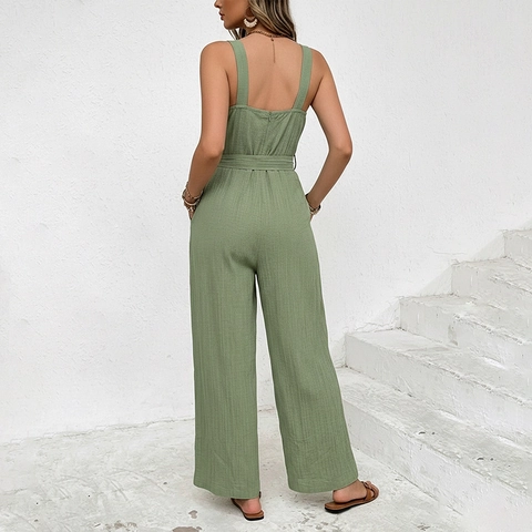 Damen Ärmellos Einteiler Eckiger Ausschnitt Salbeigrün Knitter Rayon-Mischung Weites Bein Bindeband Sommer Urlaub Lässig Jumpsuit