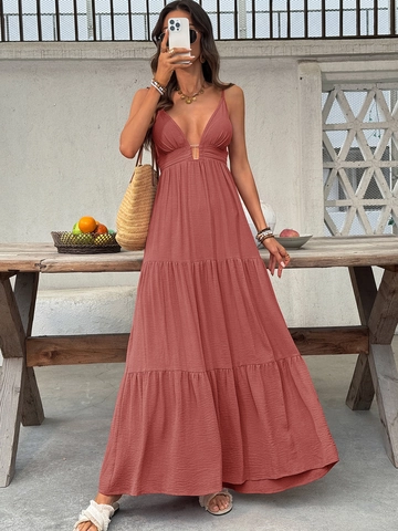 Vestido Maxi de Verano para Mujer con Escote en V Profundo y Tirantes de Espagueti Color Sólido Escalonado para Vacaciones