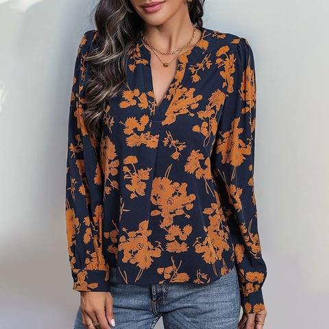 Elegante Damen Bluse Marineblau Blumendruck V-Ausschnitt Langarm Locker Chiffon Hemd Casual Pendler Oberteil
