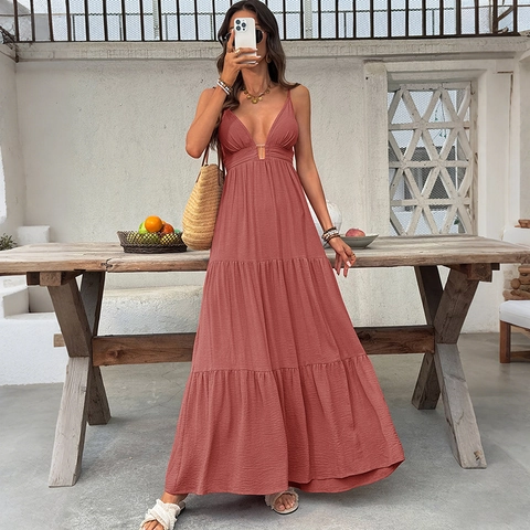 Abito Lungo da Donna Sexy Scollo a V Profondo Senza Schienale a Balze Senza Maniche con Spalline Sottili Vacanza Estiva Boho