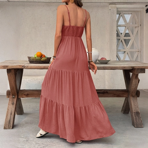 Abito Lungo da Donna Sexy Scollo a V Profondo Senza Schienale a Balze Senza Maniche con Spalline Sottili Vacanza Estiva Boho