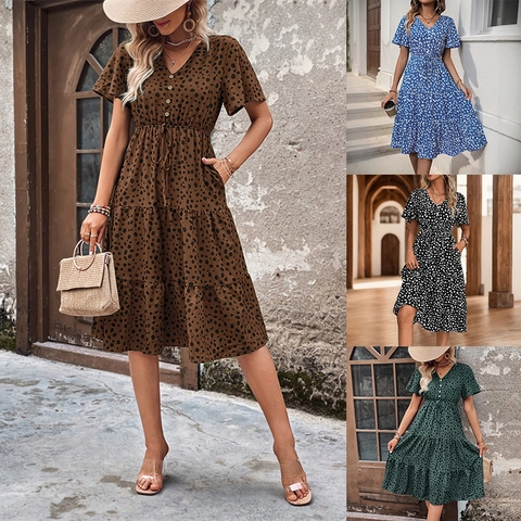 Damen V-Ausschnitt Leopardenmuster Gestuftes Midi-Kleid Kurzarm Rüschen Kordelzug Taille Boho Sommer Lässiges Elegantes Urlaubskleid