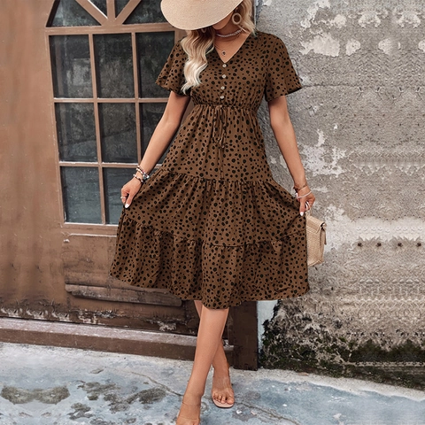 Damen V-Ausschnitt Leopardenmuster Gestuftes Midi-Kleid Kurzarm Rüschen Kordelzug Taille Boho Sommer Lässiges Elegantes Urlaubskleid