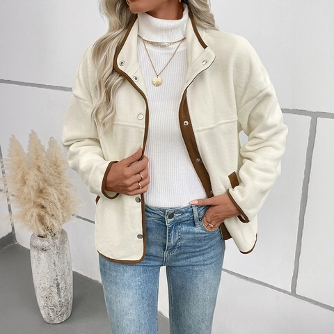 Chaqueta Casual de Forro Polar en Bloque de Color para Mujer Cuello Alto Botón de Presión Abrigo Corto Otoño Invierno Cálido Ropa de Abrigo