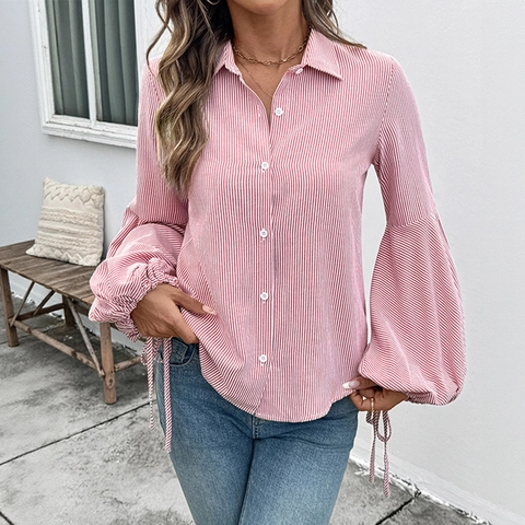 Women Elegant Red White Striped Shirt Lapel Lantern Long Sleeve Button Blouse With Drawstring Cuff Casual Commuter Top
