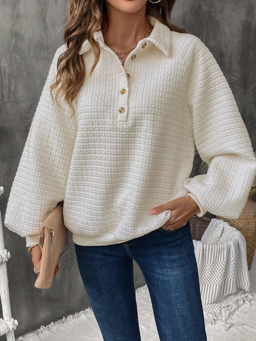 Sudadera Casual de Tejido de Gofre para Mujer con Botones Cuello Polo Corte Suelto Manga de Linterna Pullover Beige Otoño Invierno Top Texturizado