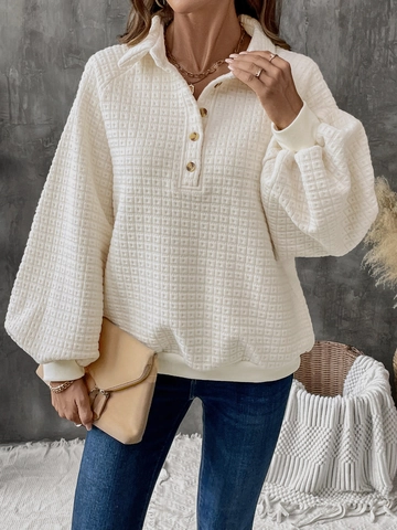 Sudadera Casual de Tejido de Gofre para Mujer con Botones Cuello Polo Corte Suelto Manga de Linterna Pullover Beige Otoño Invierno Top Texturizado