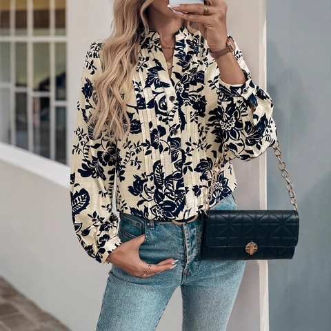 Camicetta da Donna Vintage con Stampa Floreale a Maniche Lunghe Collo alla Coreana Elegante Camicia in Viscosa Nylon