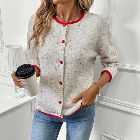Women Contrast Trim Knit Cardigan Heart Shaped Buttons Speckled Wool Blend Crew Neck Long Sleeve Sweater Casual Top