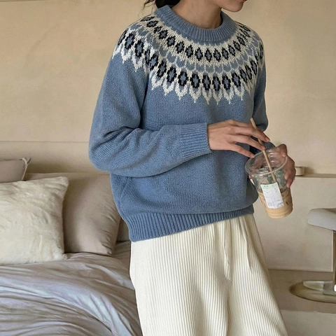 Γυναικείο Casual Πλεκτό Πουλόβερ Fair Isle Ρετρό Στρογγυλή Λαιμόκοψη Μακρυμάνικο Χαλαρό Τοπ Φθινόπωρο Χειμώνας Έθνικ Ζεστό Ακρυλικό