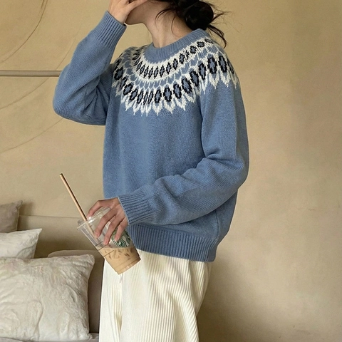 Γυναικείο Casual Πλεκτό Πουλόβερ Fair Isle Ρετρό Στρογγυλή Λαιμόκοψη Μακρυμάνικο Χαλαρό Τοπ Φθινόπωρο Χειμώνας Έθνικ Ζεστό Ακρυλικό