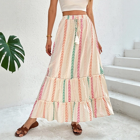 Damen Böhmisch Stufen-Maxirock Zickzackmuster Hohe Taille Elastischer Kordelzug Mit Quasten Casual Urlaub Strand Rock
