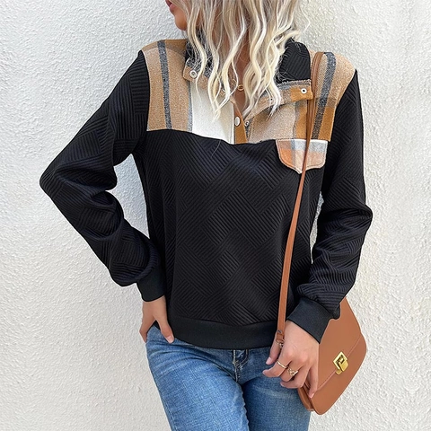 Felpa Casual da Donna a Maniche Lunghe Patchwork a Quadri Colore a Contrasto Trama Trapuntata Geometrica con Bottoni Pullover