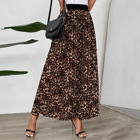 Damen Leopardenmuster Falten MIDI Rock Elastische Hohe Taille A-Linie Fließender Maxi Rock Casual Elegant Mode Herbst