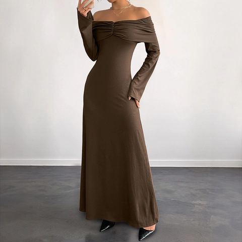 Abito Maxi da Donna con Spalle Scoperte e Maniche Lunghe Vestito Bodycon in Maglia Arricciato Sexy Marrone Slim Fit Party