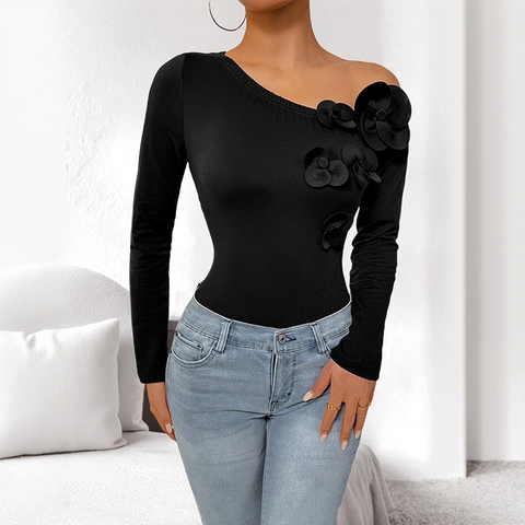 Body Donna Sexy Monospalla a Manica Lunga con Fiori 3D Vestibilità Aderente Scollo Asimmetrico Top Nero