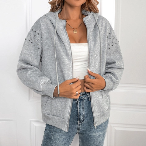 Women Casual Zip Up Hoodie Long Sleeve Sweatshirt With Rivet Rhinestone Decor Light Gray Drawstring Hooded Jacket Outerwear