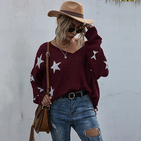 Suéter de Punto Oversized para Mujer Estampado de Estrellas Cuello en V Desgastado Borlas Manga Larga Pullover Holgado Otoño Invierno Top Casual