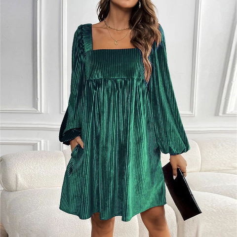 Women Sexy Backless Square Neck Velvet Pleated Mini Dress Long Lantern Sleeve Solid Color Party Evening A-Line Dress