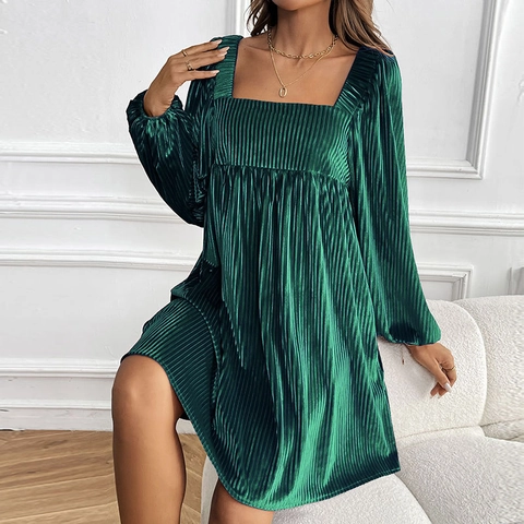 Women Sexy Backless Square Neck Velvet Pleated Mini Dress Long Lantern Sleeve Solid Color Party Evening A-Line Dress