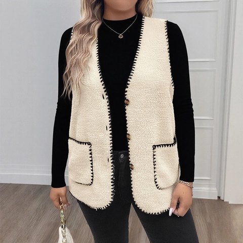 Gilet en Polaire Sherpa pour Femmes Col en V Point de Surjet Contrasté Boutonné Cardigan Sans Manches Gilet Chaud Décontracté