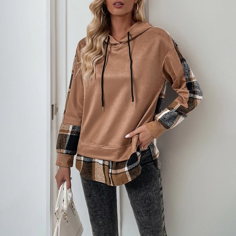 Women Casual Hooded Sweatshirt Plaid Patchwork Double Layer Style Long Sleeve Retro Loose Fit Spring Autumn Hoodie Top