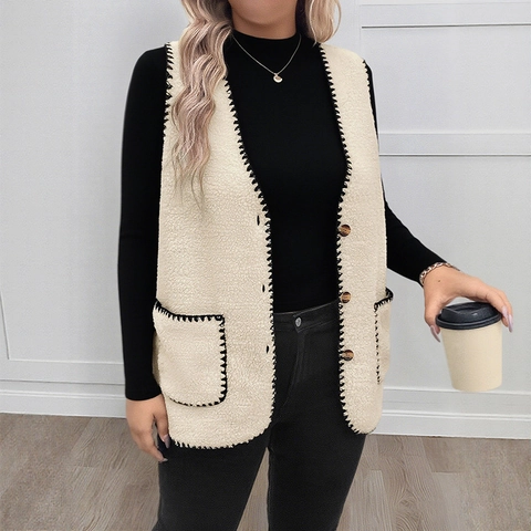 Gilet en Polaire Sherpa pour Femmes Col en V Point de Surjet Contrasté Boutonné Cardigan Sans Manches Gilet Chaud Décontracté