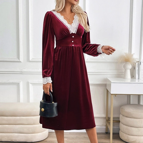 Elegante Abito Midi in Velluto Borgogna Donna Scollo a V Patchwork di Pizzo Manica Lunga Vita Alta Vintage Festa Abito da Sera