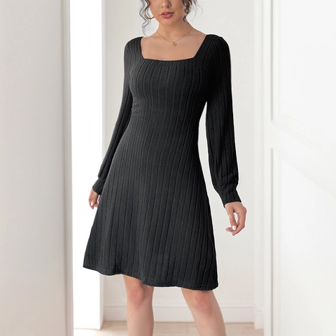 Elegant Eckiger Ausschnitt Rückenfrei Kleid Damen Langarm Gerippter Strick MiniKleid Mit Spitze Schleife Sexy A-Linie Party Kleid