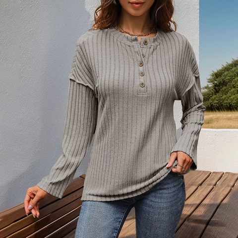 Camiseta de Punto Acanalado de Manga Larga para Mujer Cuello Henley Color Sólido Detalle de Botones Ajuste Holgado Top de Otoño