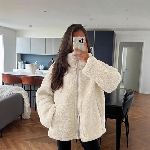 Dames Mode Lamswol Fleecejack Hoge Kraag Effen Kleur Losse Bovenkleding Casual Winter Warme Jas Met Zakken